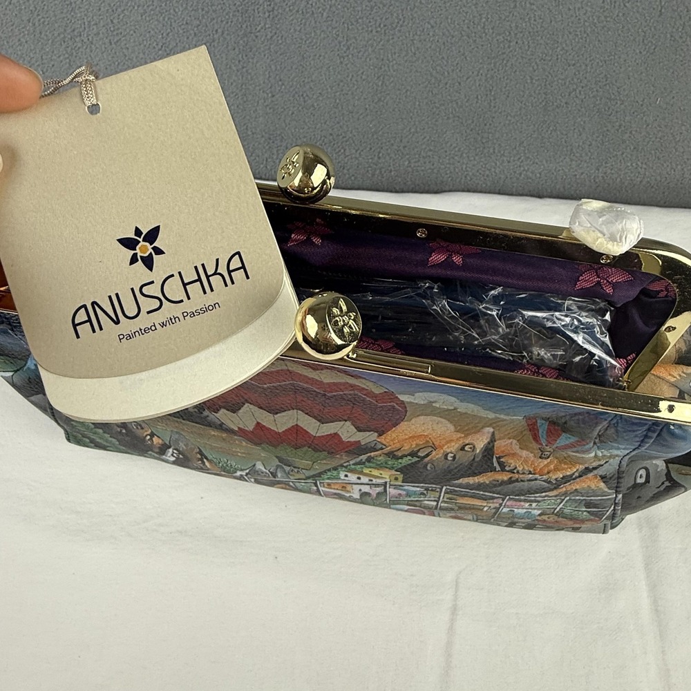 Anuschka Hand Painted Bag Purse Leather Hot Air Balloon Kiss Lock Crossbody NWT - Picture 11 of 14